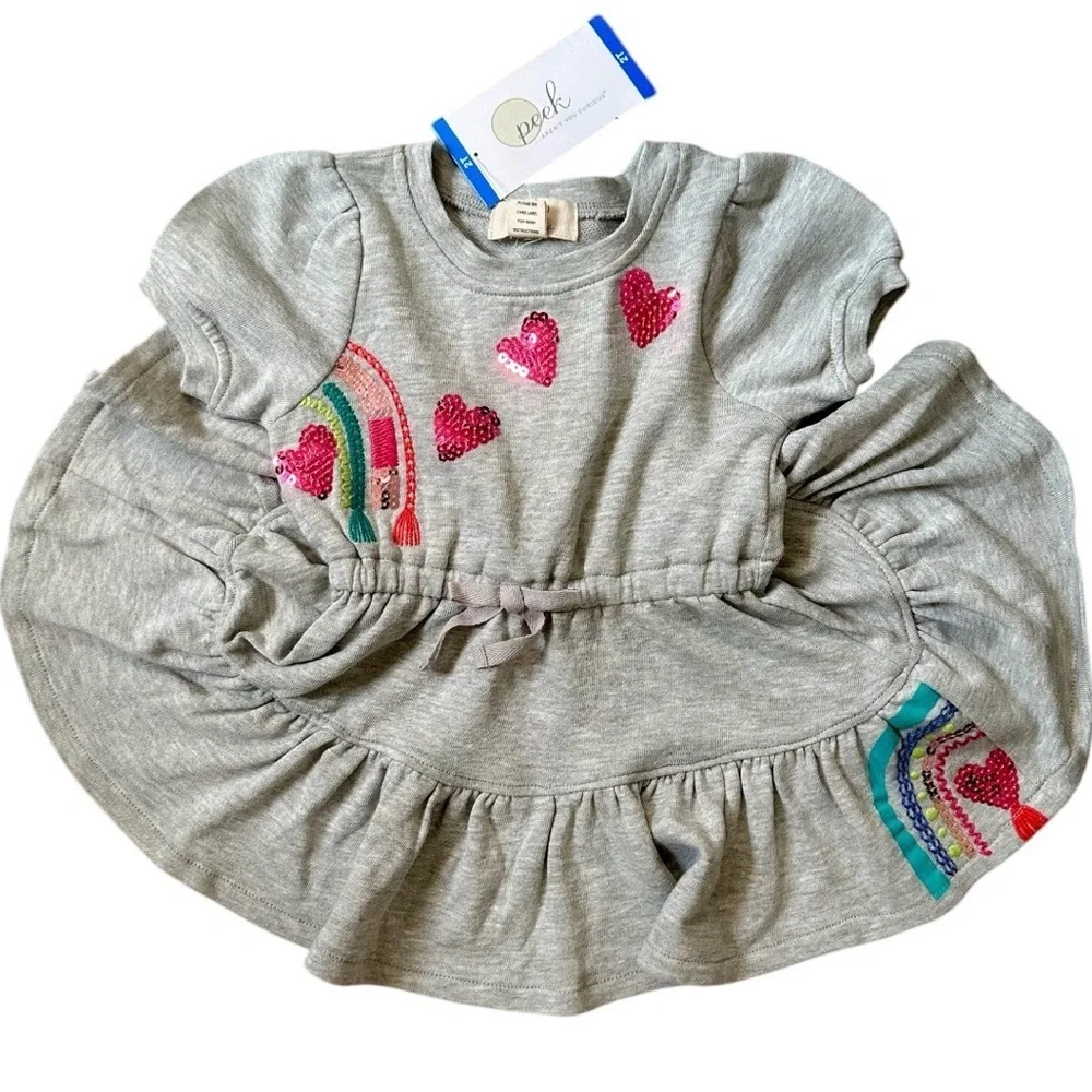 New Peek Toddler Girls Short Sleeve Sequin Dress Rainbow And Hearts size 2T